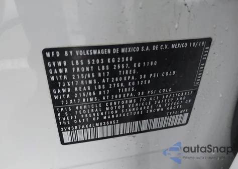 2020 Volkswagen Tiguan 2.0T Se/2.0T Se R-Line Black/2.0T Sel из США, поврежденный, VIN 3VV3B7AX4LM036952